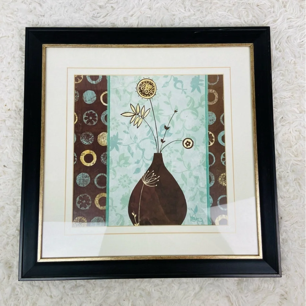 UNBRANDED made in the USA glass framed green & brown vase flower art piece